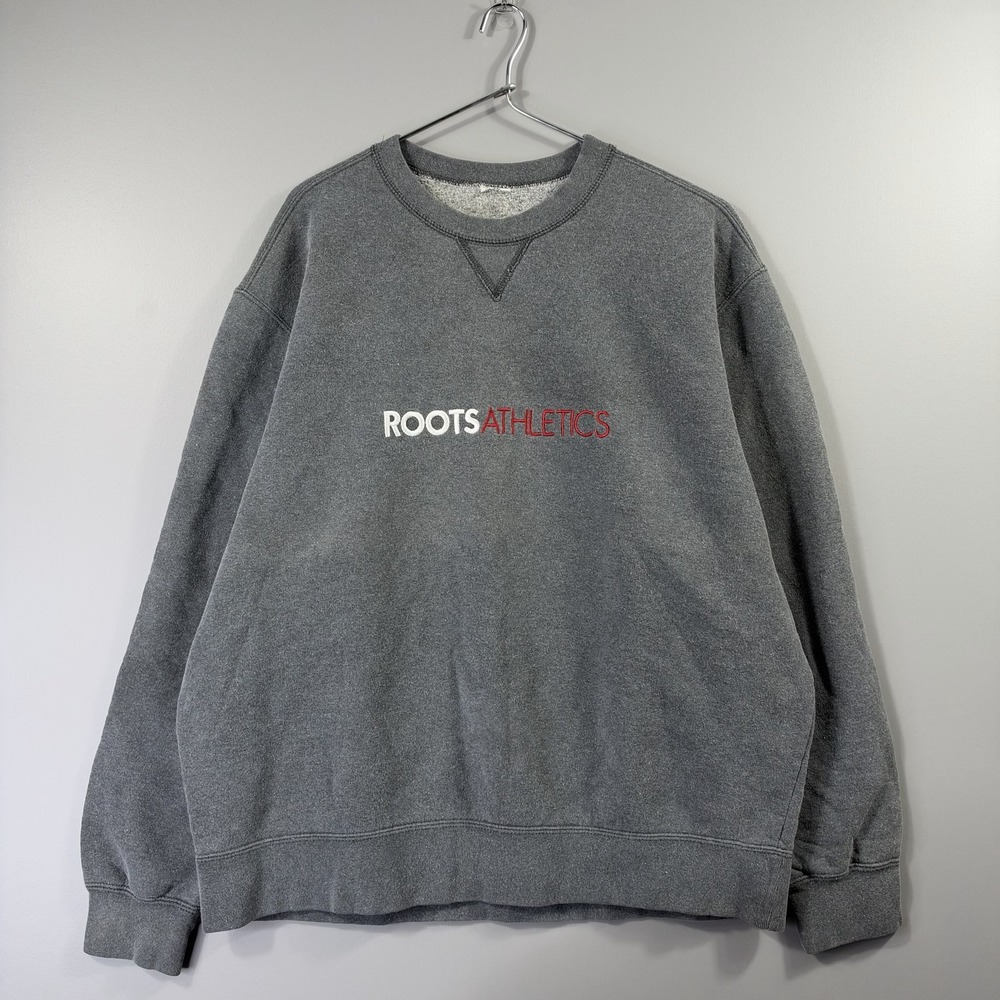 VTG Roots Sweatshirt Mens XL Gray Roots Athletics Fleece Crewneck Logo Pullover